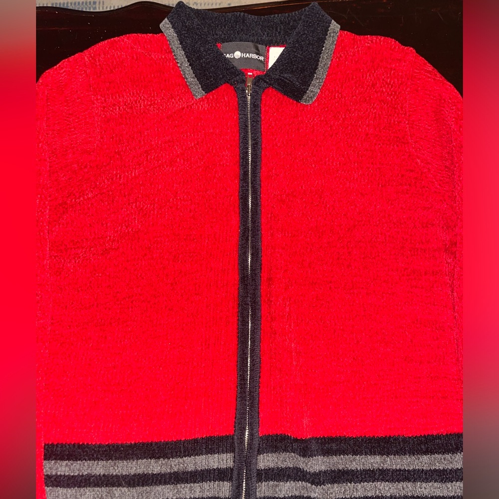 Holiday velour zip front collared cardigan red black gray XL granny core size XL
